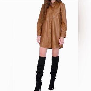NWT BB Dakota by Steve Madden Darl Camel Vegan Leather Button Down Shirt Dress S